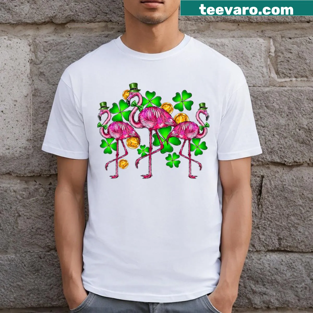 Funny cartoon flamingo T-shirt for St. Patrick's Day celebrations. — on a men's t-shirt