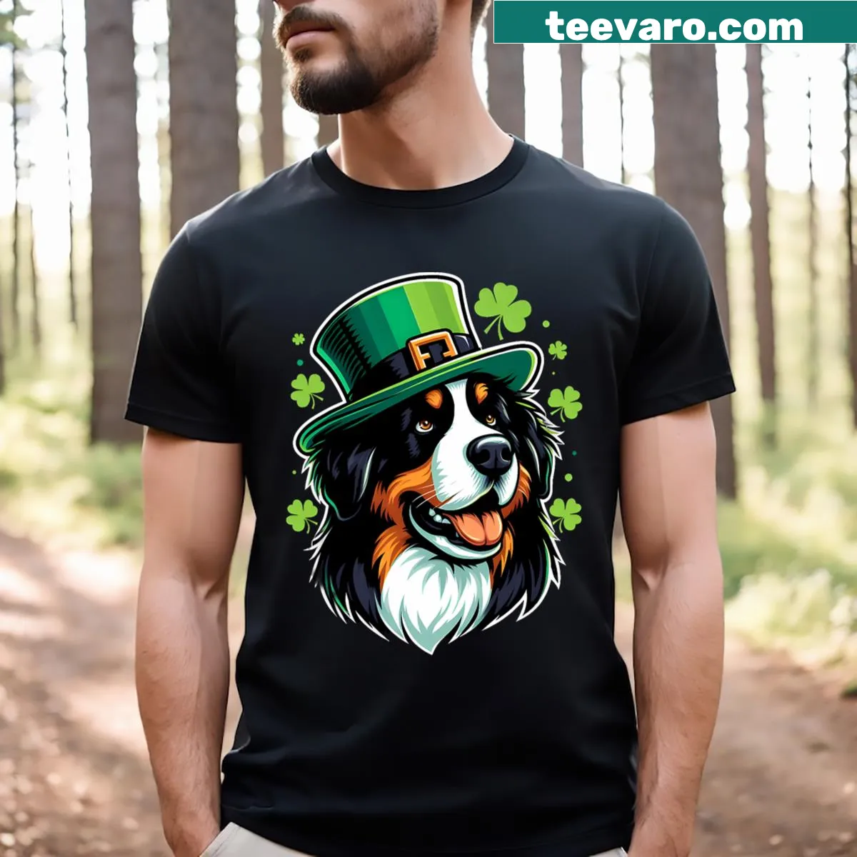 Shamrock and Bernese Mountain Dog design for St. Patrick's Day on a t-shirt — on a men's t-shirt