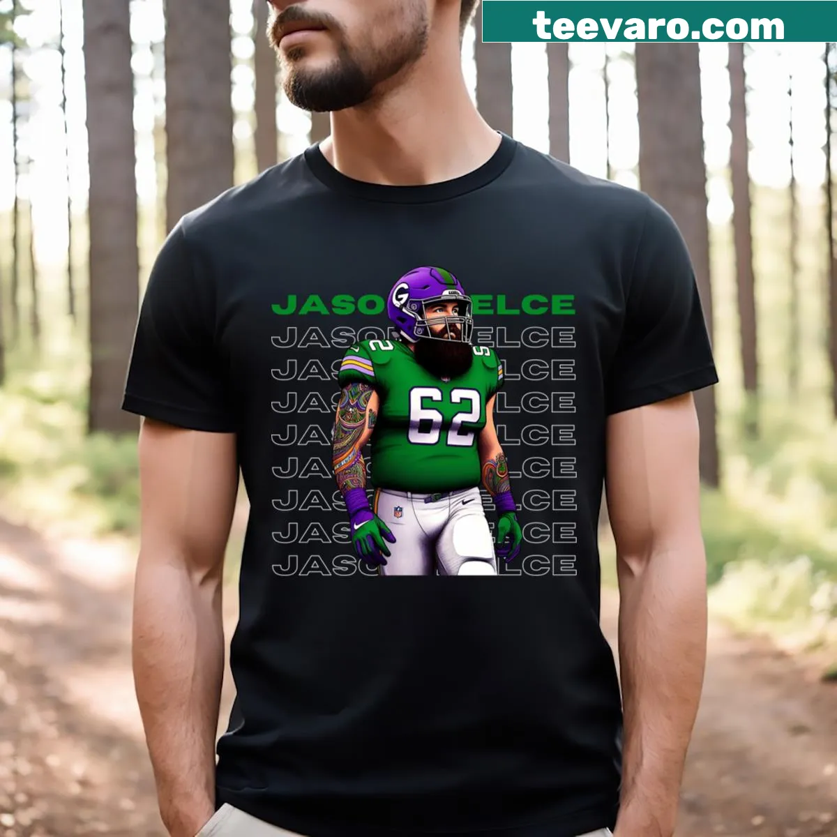 Illustrative t-shirt of Jason Kelce in Philadelphia Eagles jersey — on a men's t-shirt