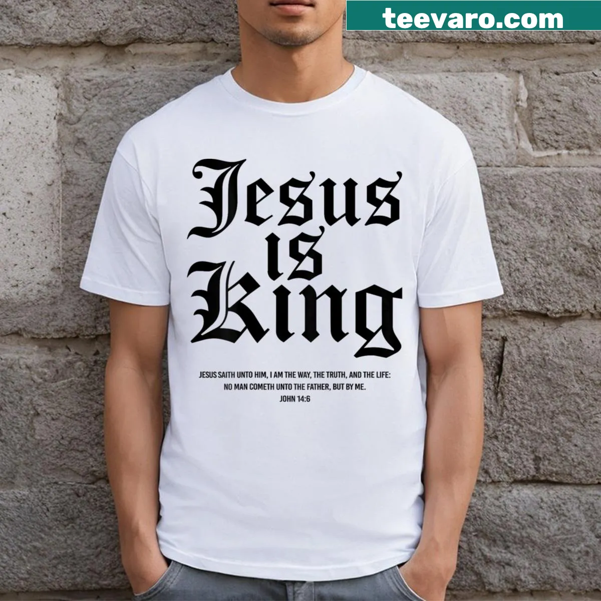 T-shirt featuring the phrase 'Jesus Is King' in bold typography — on a men's t-shirt