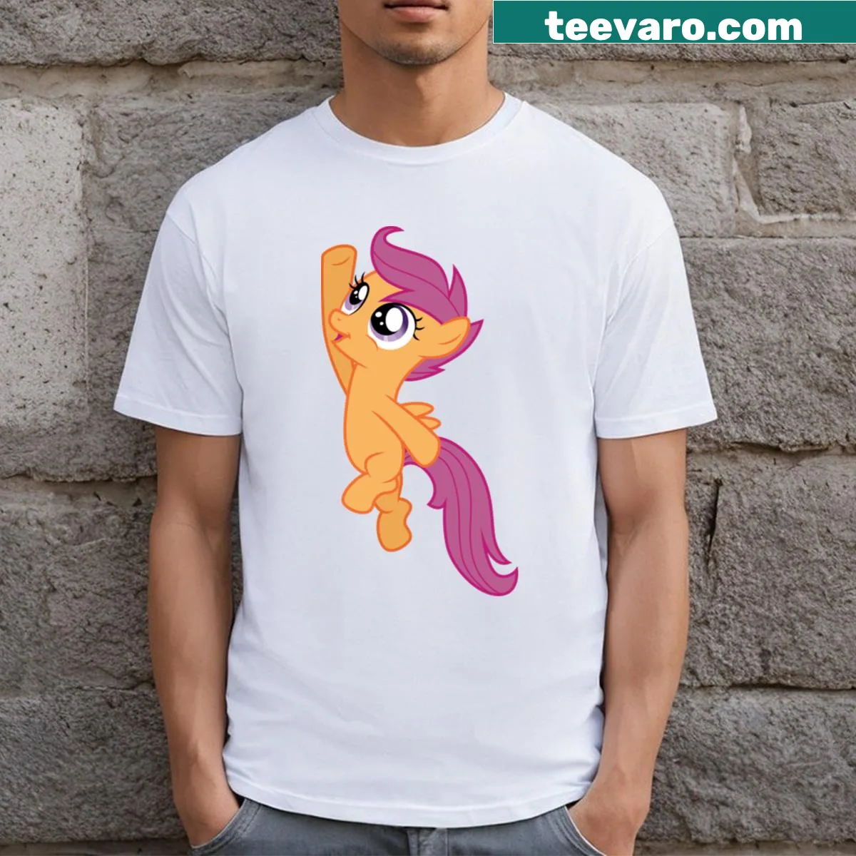 Scootaloo character in mid-jump for kids' T-shirt — on a men's t-shirt
