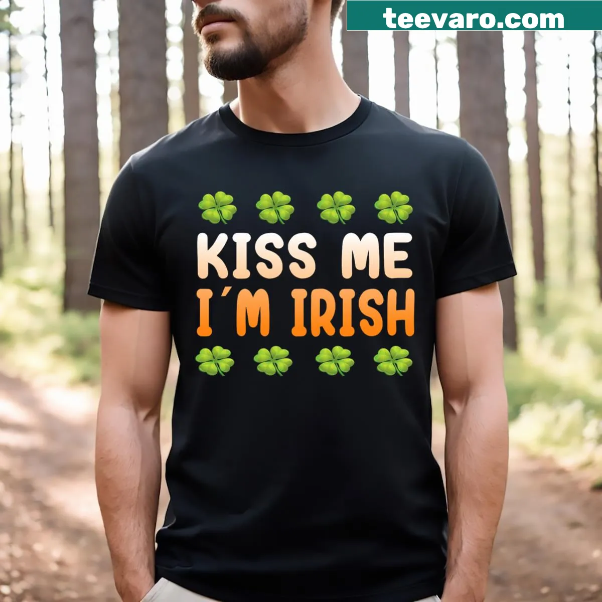 Funny Irish t-shirt with 'Kiss Me I'm Irish' text for St. Patrick's Day — on a men's t-shirt