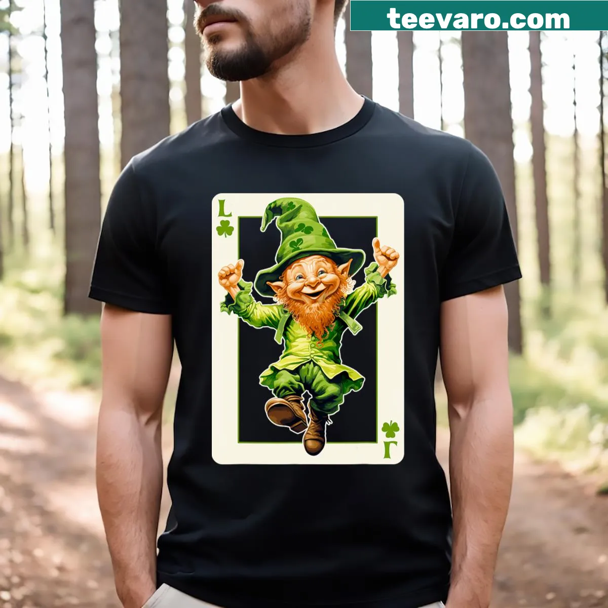 Playful leprechaun and shamrock graphic on a T-shirt — on a men's t-shirt