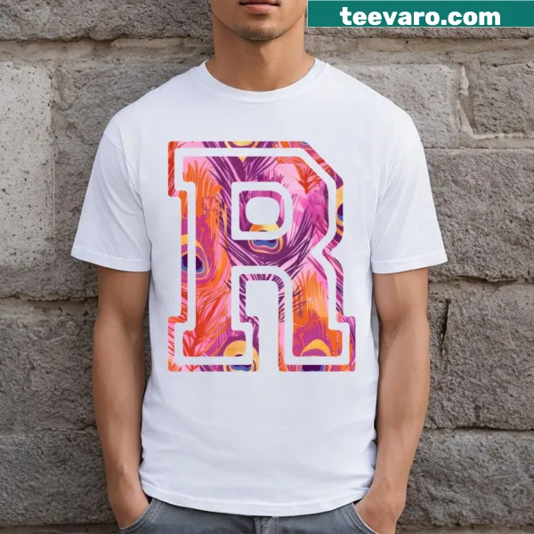 Letter R with peacock feather design on T-shirt