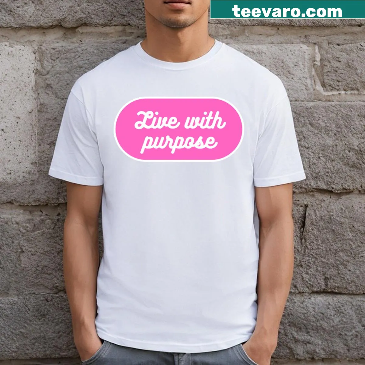 T-shirt with bold typography that reads 'Live With Purpose' — on a men's t-shirt