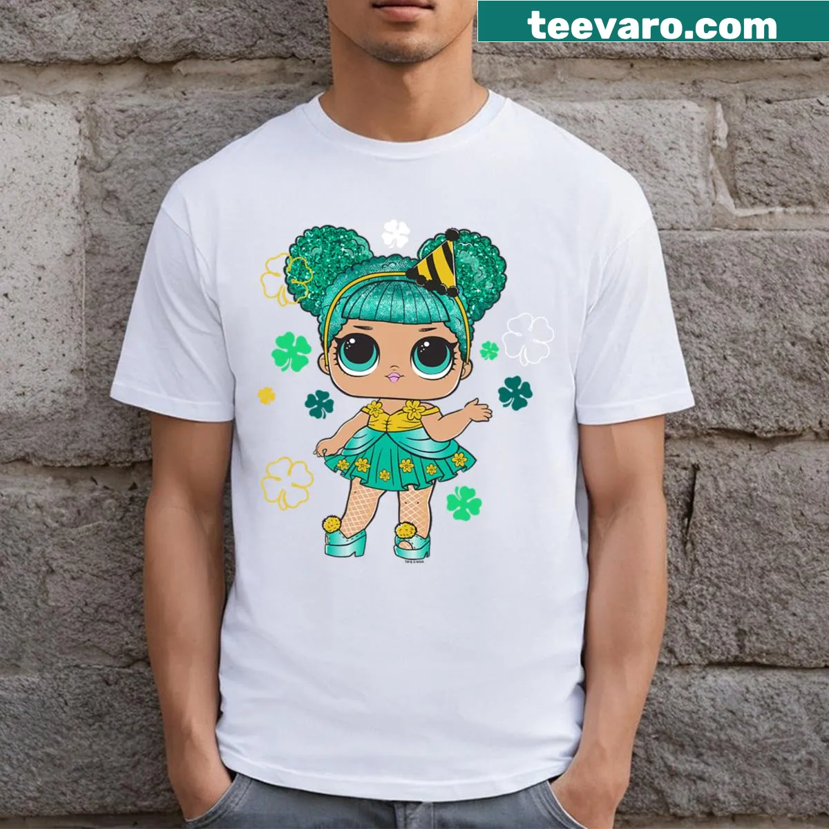 St. Patrick's Day t-shirt featuring LOL Surprise Emerald Babe Doll logo — on a men's t-shirt