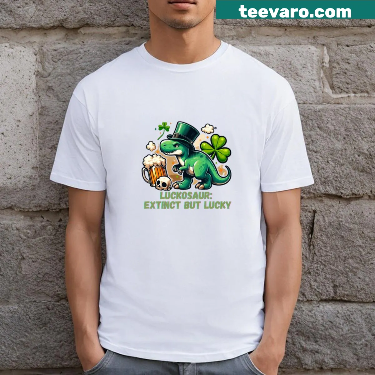 Funny t-shirt with a dinosaur graphic and 'Luckosaur Extinct But Lucky' text — on a men's t-shirt