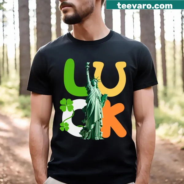 T-shirt with 'Lucky Liberty' badge design for St. Patrick's Day