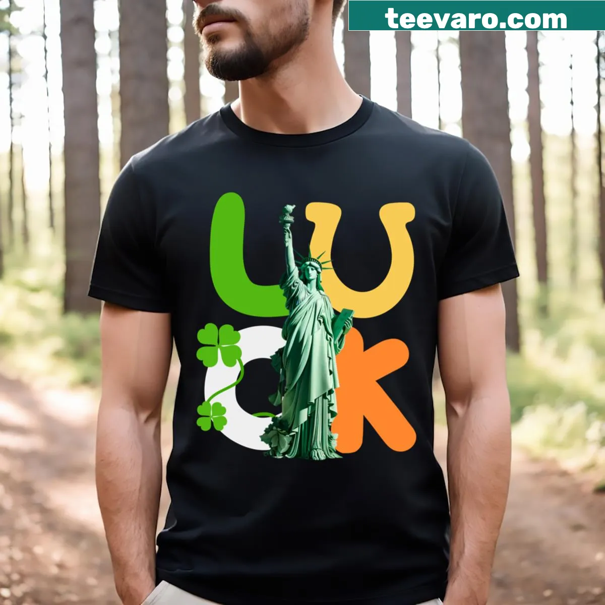 T-shirt with 'Lucky Liberty' badge design for St. Patrick's Day — on a men's t-shirt