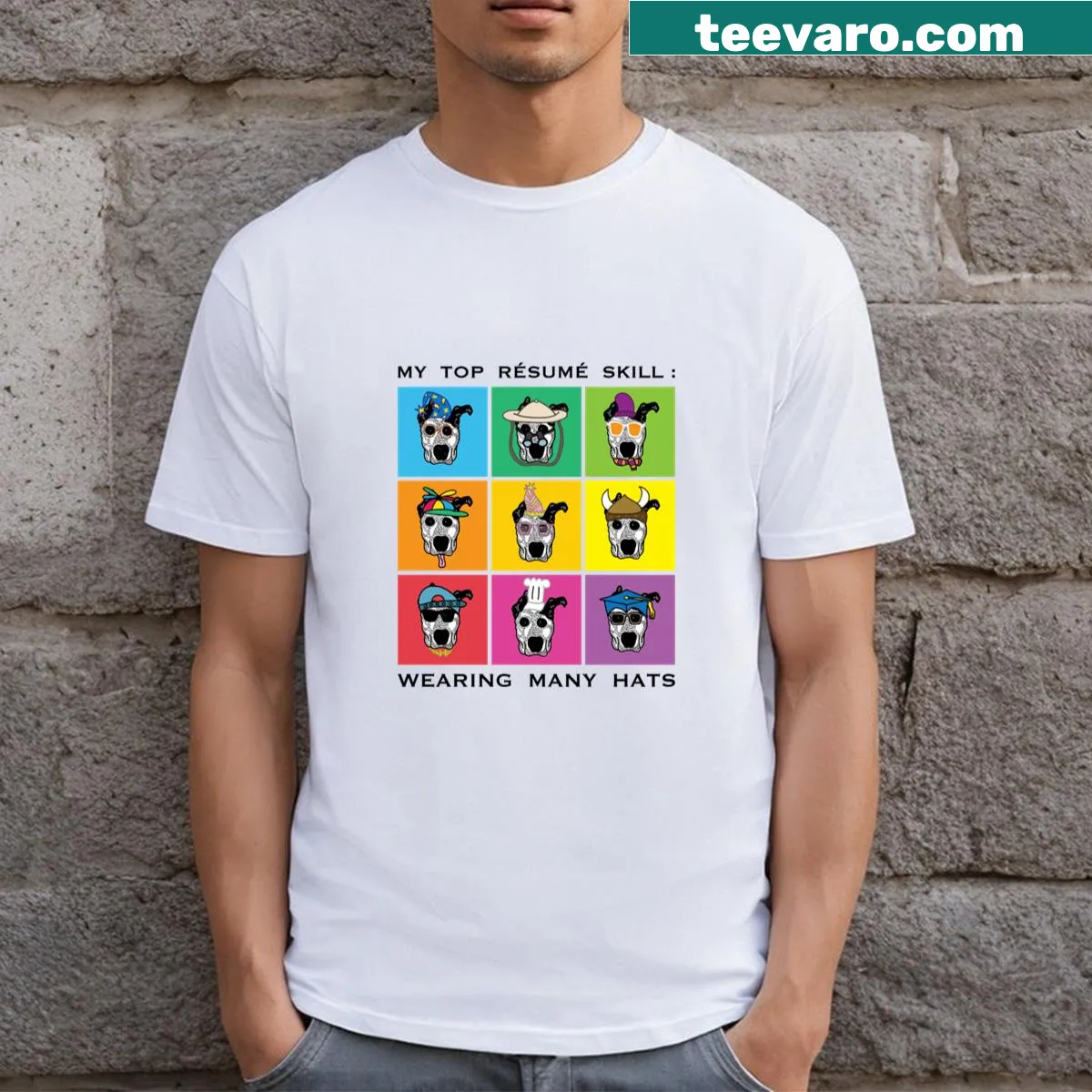 T-shirt with the phrase 'My Top Resume Skill Wearing Many Hats' in stylish typography — on a men's t-shirt