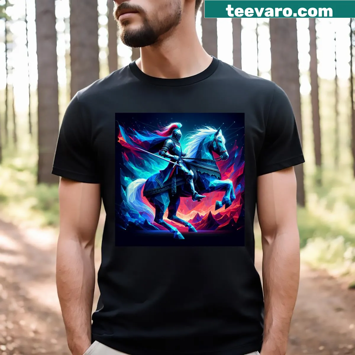 Neon polygonal knight graphic design on a t-shirt — on a men's t-shirt
