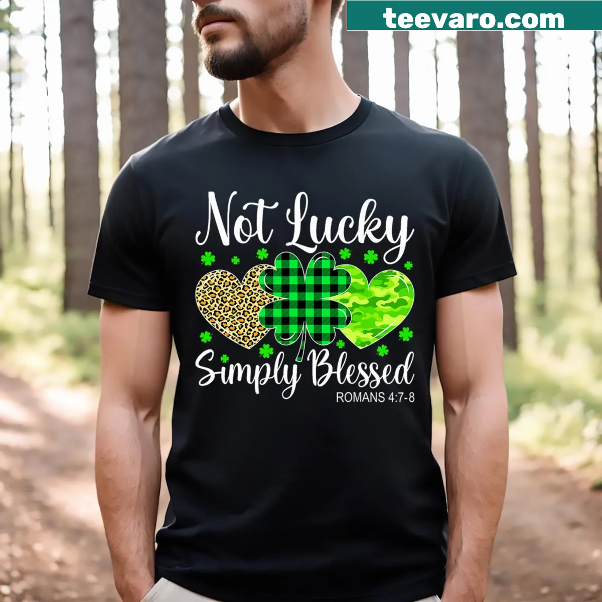 Christian themed St. Patrick's Day t-shirt stating Not Lucky Simply Blessed — on a men's t-shirt