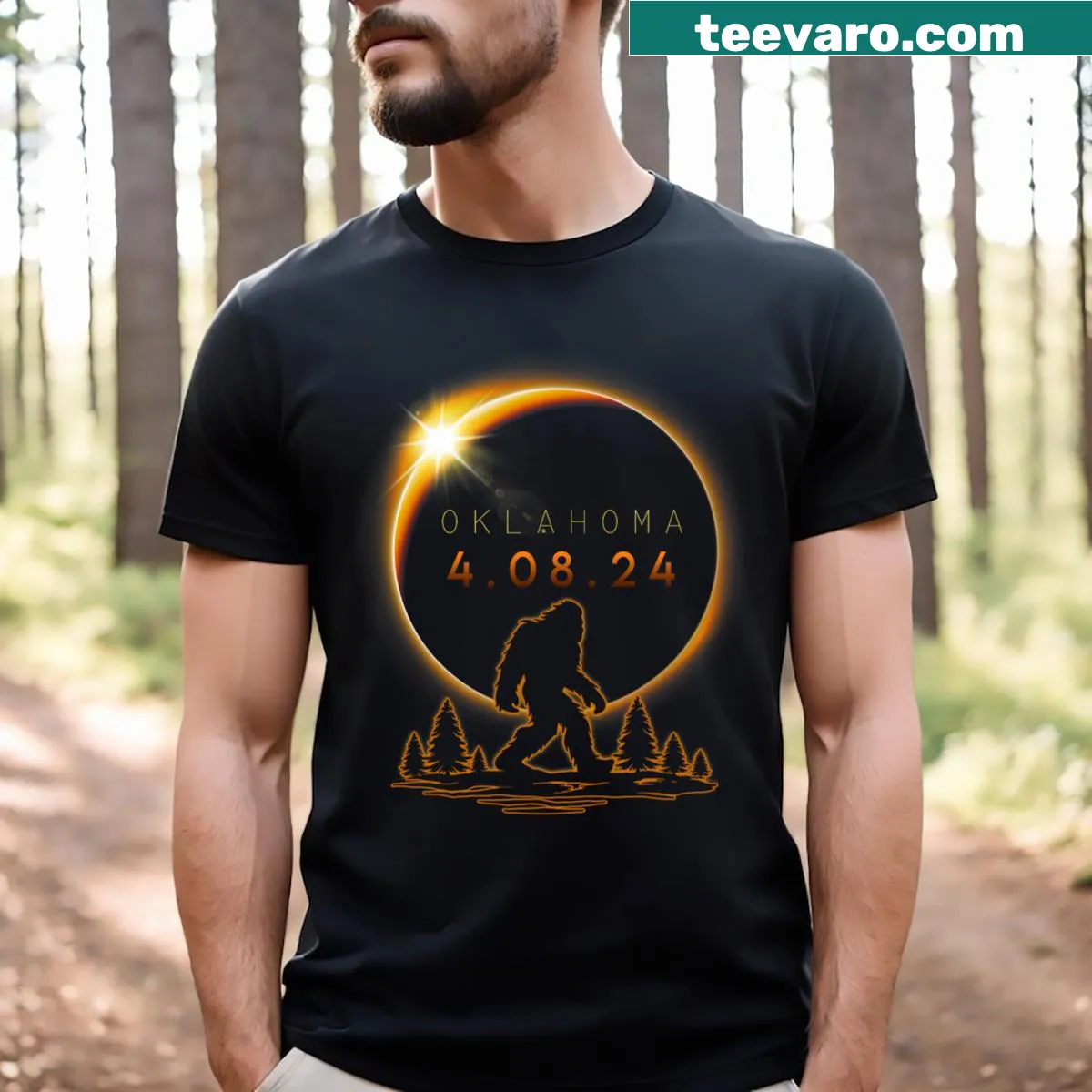 Bigfoot themed t-shirt for Oklahoma Total Solar Eclipse 2024 — on a men's t-shirt