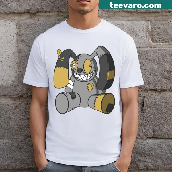 Vintage-style T-shirt featuring an illustration of a creepy bunny doll