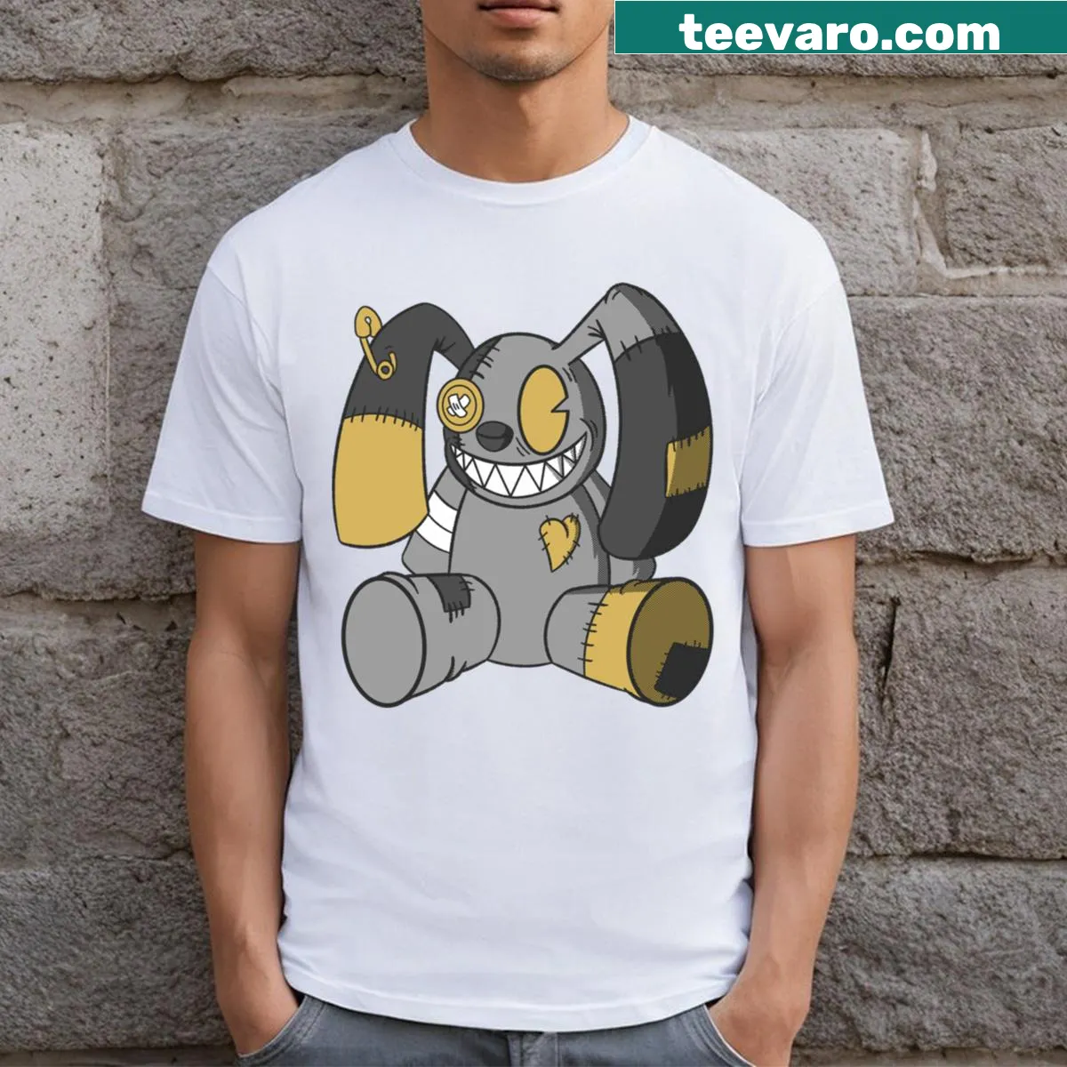 Vintage-style T-shirt featuring an illustration of a creepy bunny doll — on a men's t-shirt