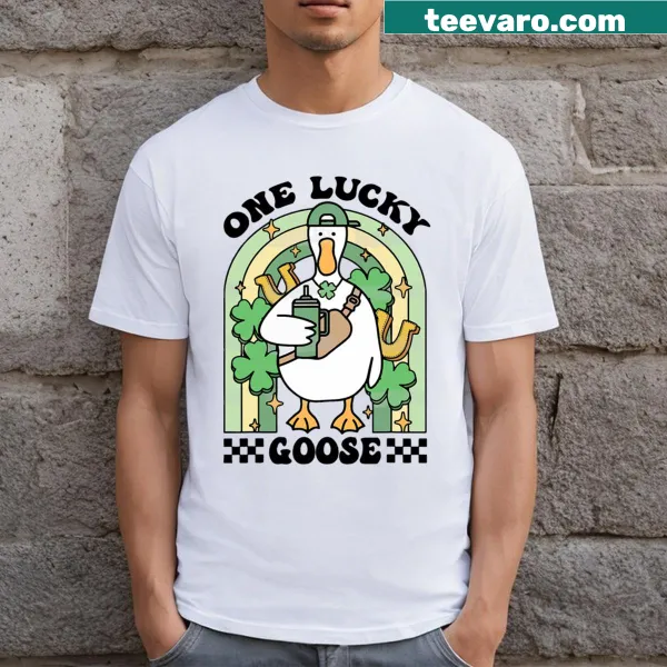 Whimsical goose with shamrocks and rainbow on St. Patrick's Day T-shirt
