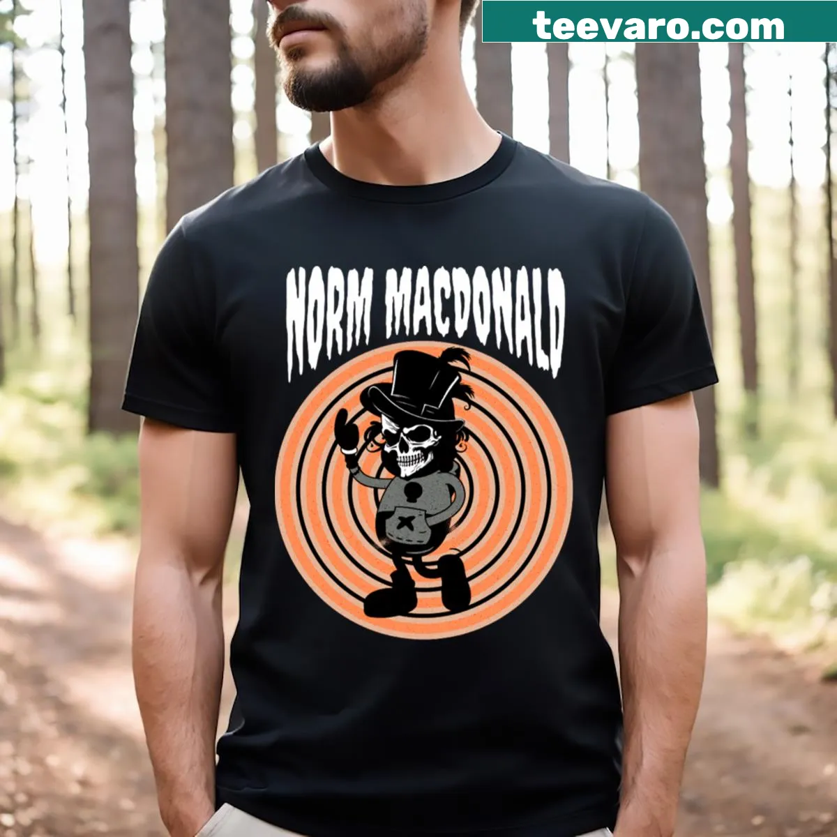 Tribute t-shirt for comedian Norm Macdonald with bold lettering — on a men's t-shirt