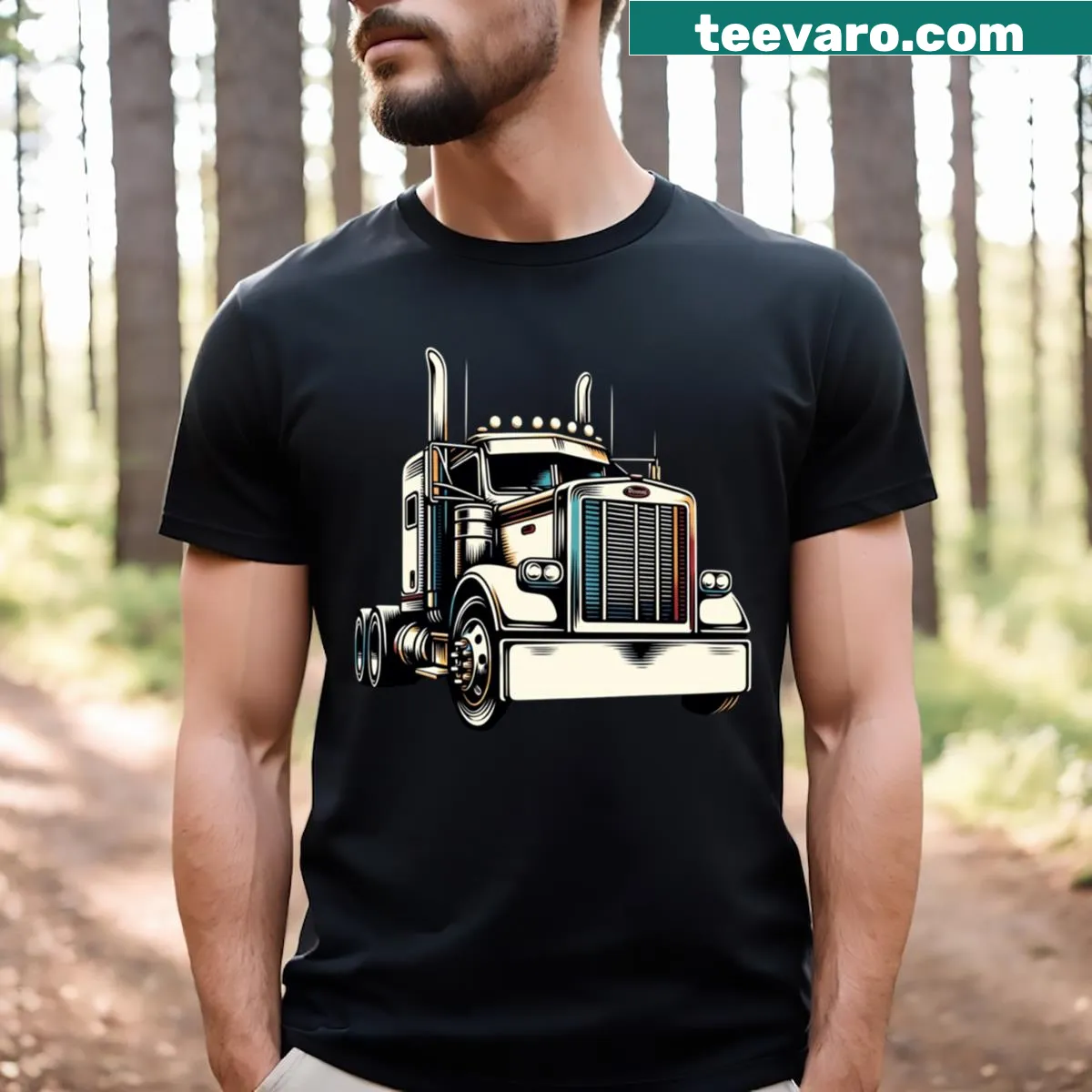 Peterbilt Truck Fanatic T-shirt featuring a unique badge emblem design — on a men's t-shirt