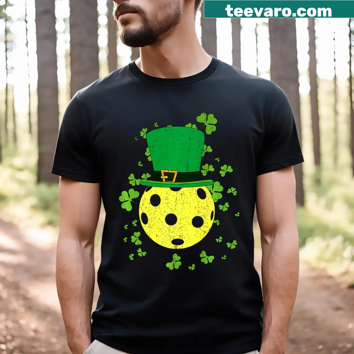 Graphic of a pickleball with shamrock for St. Patrick's Day — on a men's t-shirt
