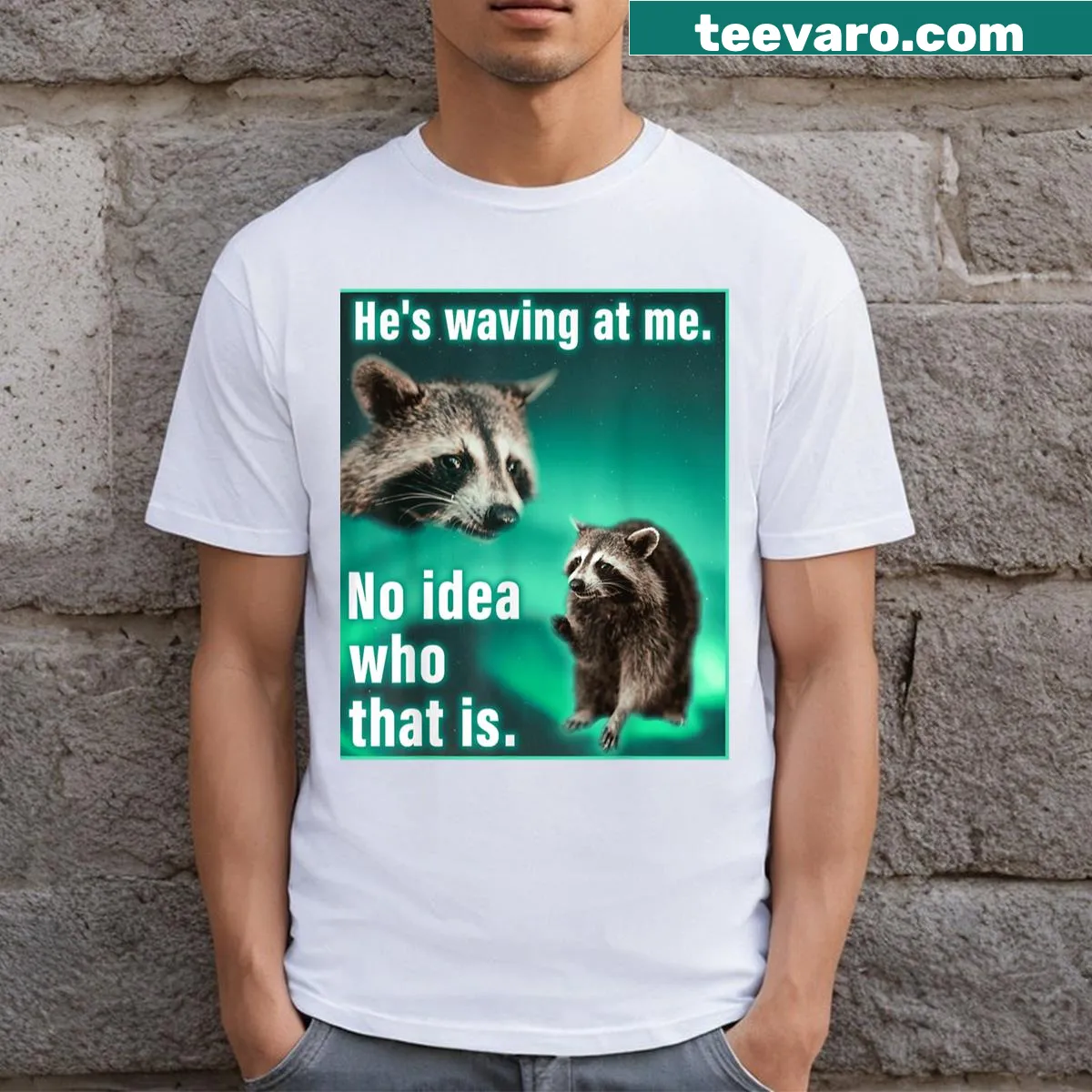 Funny raccoon meme t-shirt with cartoon waving raccoon and text — on a men's t-shirt