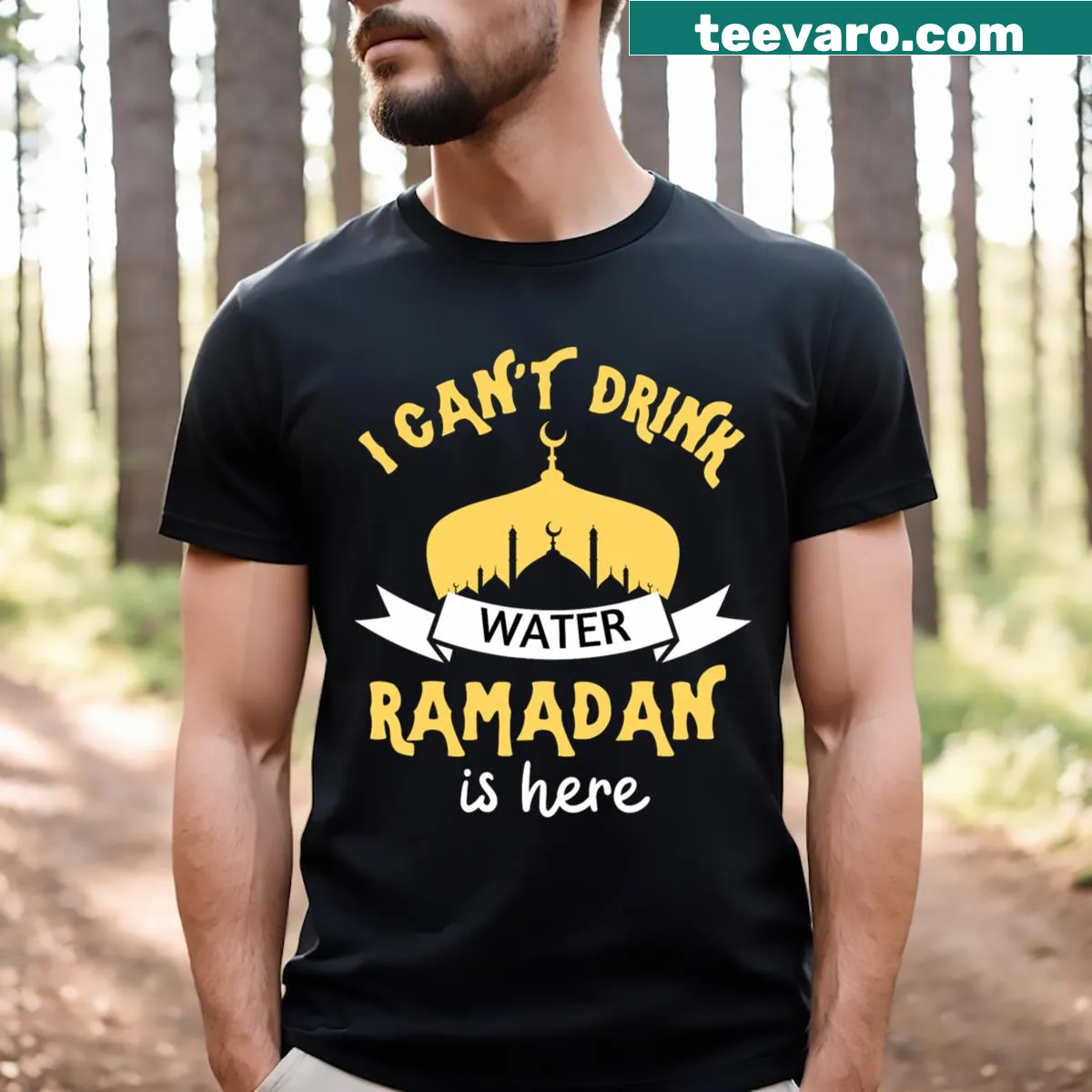 Ramadan Mubarak and Eid Mubarak graphic t-shirt — on a men's t-shirt