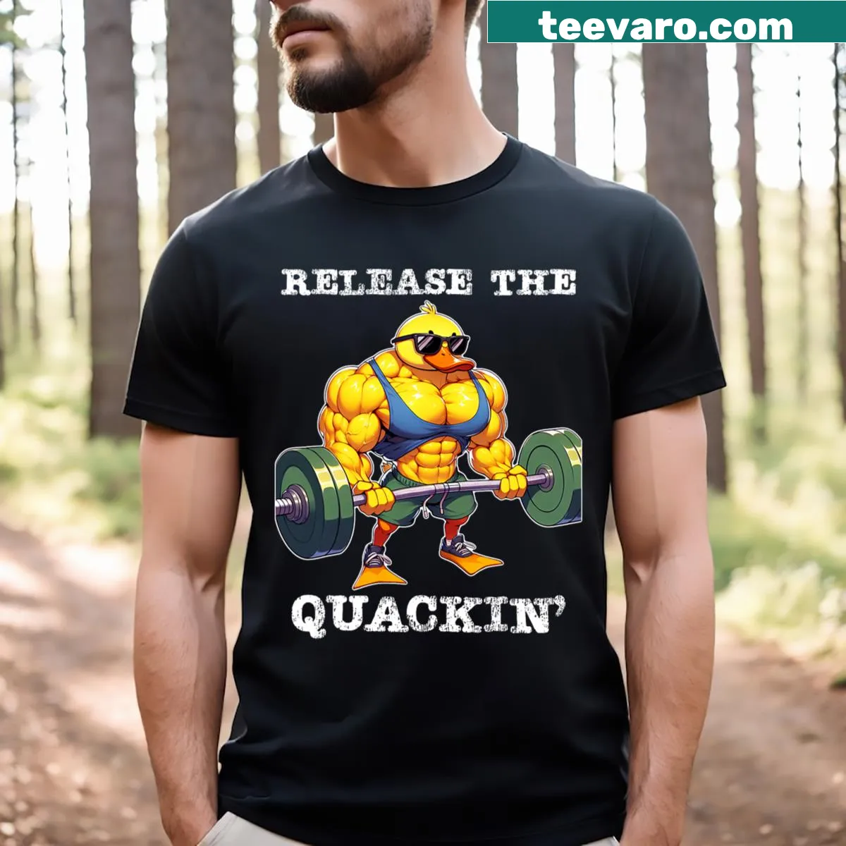 Text design 'Release The Quackin Duck' on a gym t-shirt — on a men's t-shirt
