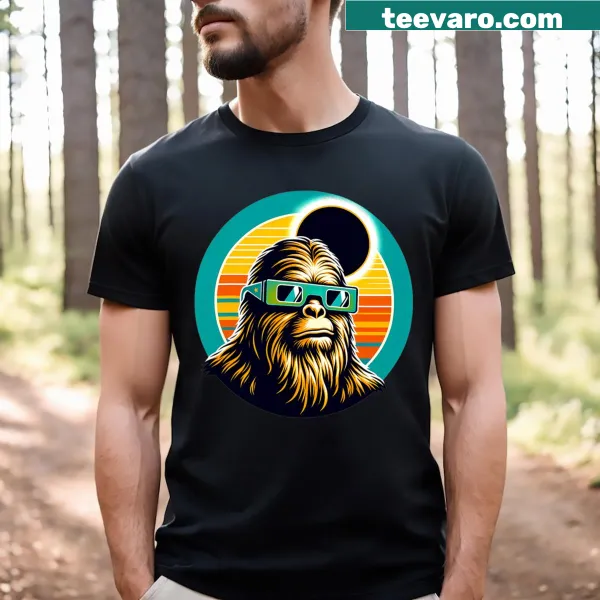 Funny Bigfoot t-shirt with cartoon Bigfoot wearing eclipse glasses