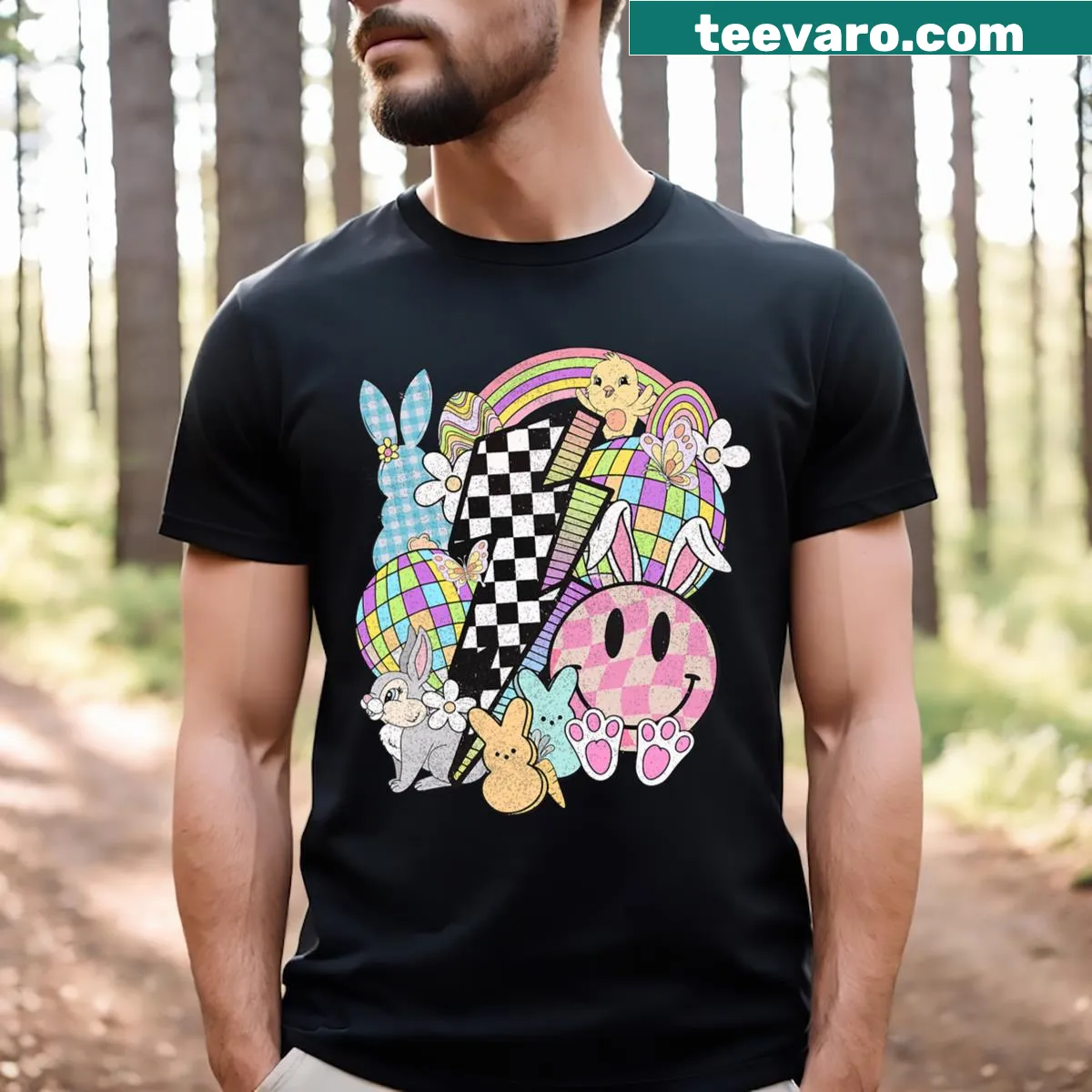 Cute t-shirt featuring a smiling Easter bunny face for girls — on a men's t-shirt