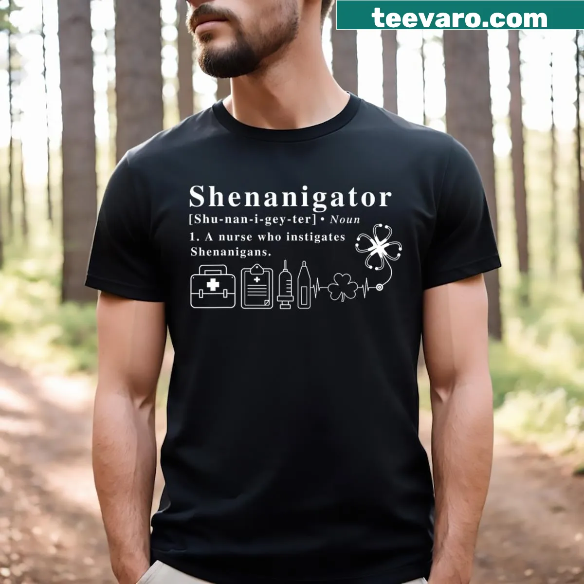St. Patrick's Day T-shirt defining 'shenanigator' for nurses — on a men's t-shirt