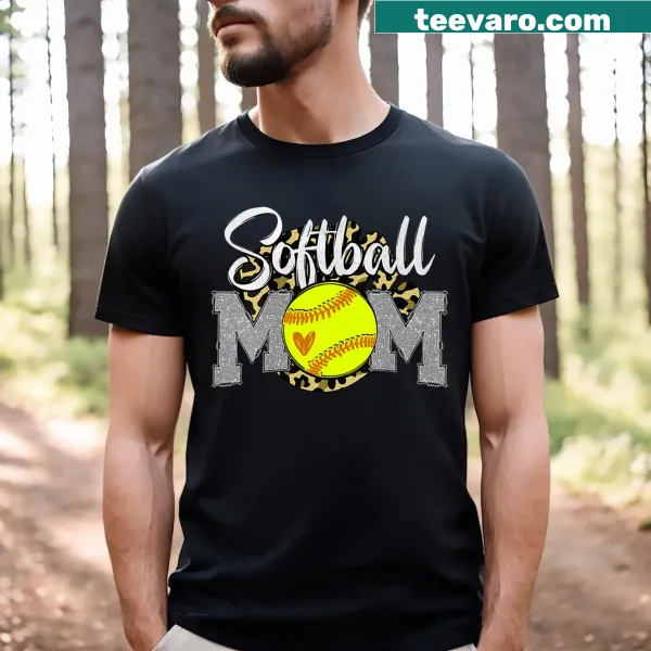 Funny Softball Mom T-shirt with leopard print design