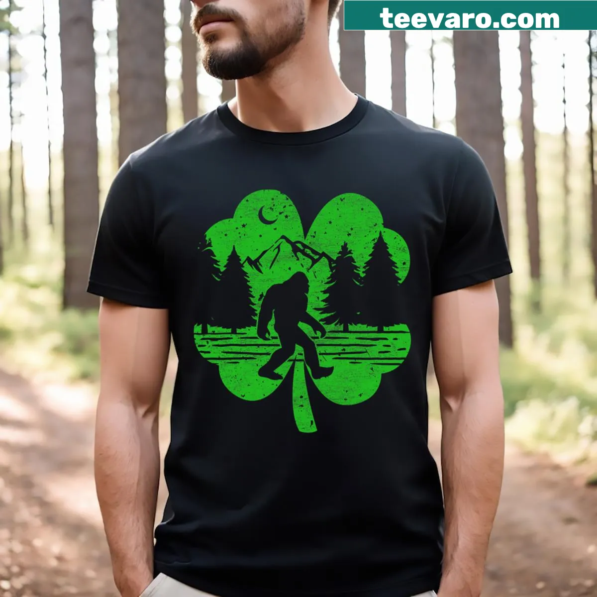 Playful St. Patrick's Day T-shirt featuring Bigfoot in Irish theme — on a men's t-shirt
