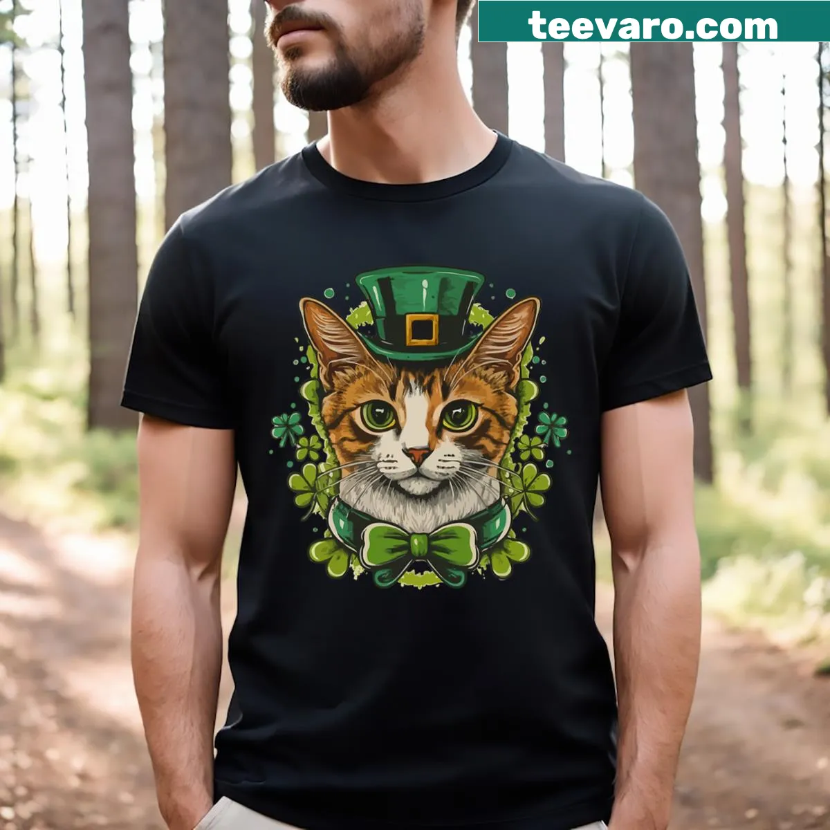 St. Patrick's Day T-shirt with playful cartoon cat design — on a men's t-shirt
