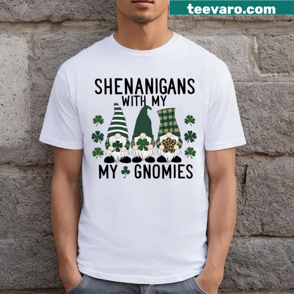 Irish-themed St Patricks Day shirt with gnomes and shamrocks