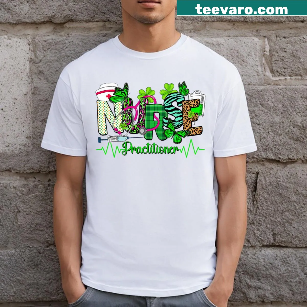 St. Patrick's Day scrub top T-shirt with shamrock design — on a men's t-shirt