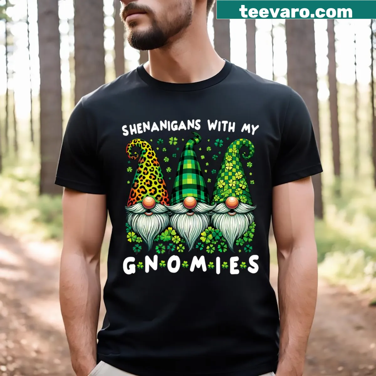 Fun St Patricks Day shirt with gnomes and shenanigans theme — on a men's t-shirt