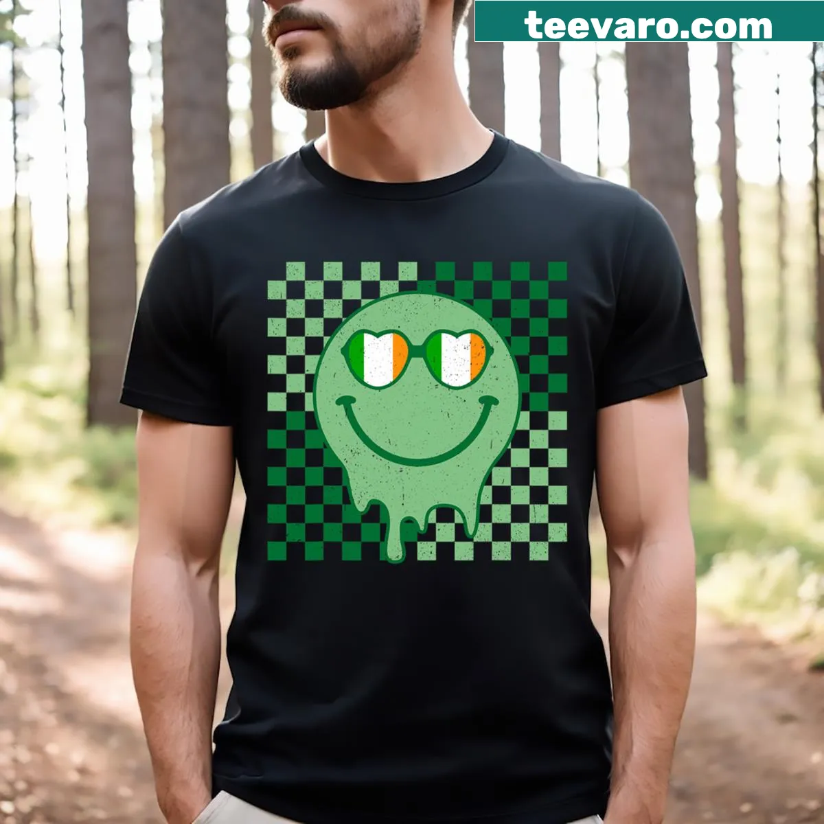 Cute St. Patrick's Day T-shirt with smiley face and Irish glasses — on a men's t-shirt