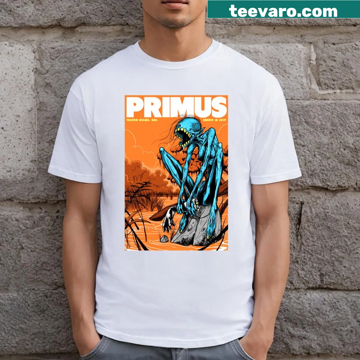 Retro Primus band graphic T-shirt with whimsical design — on a men's t-shirt