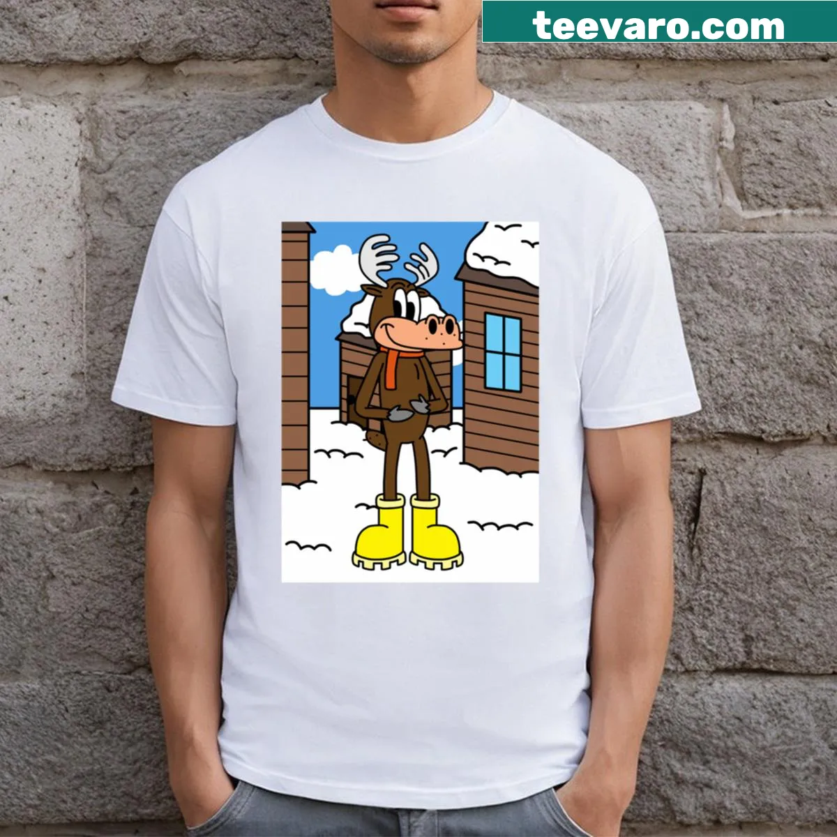 Cartoon T-shirt featuring a moose in boots for kids — on a men's t-shirt