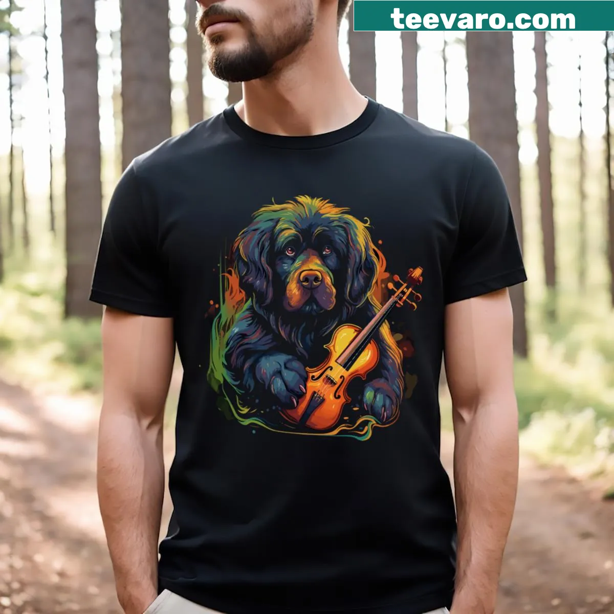 Illustrative t-shirt featuring a Tibetan Mastiff playing violin — on a men's t-shirt