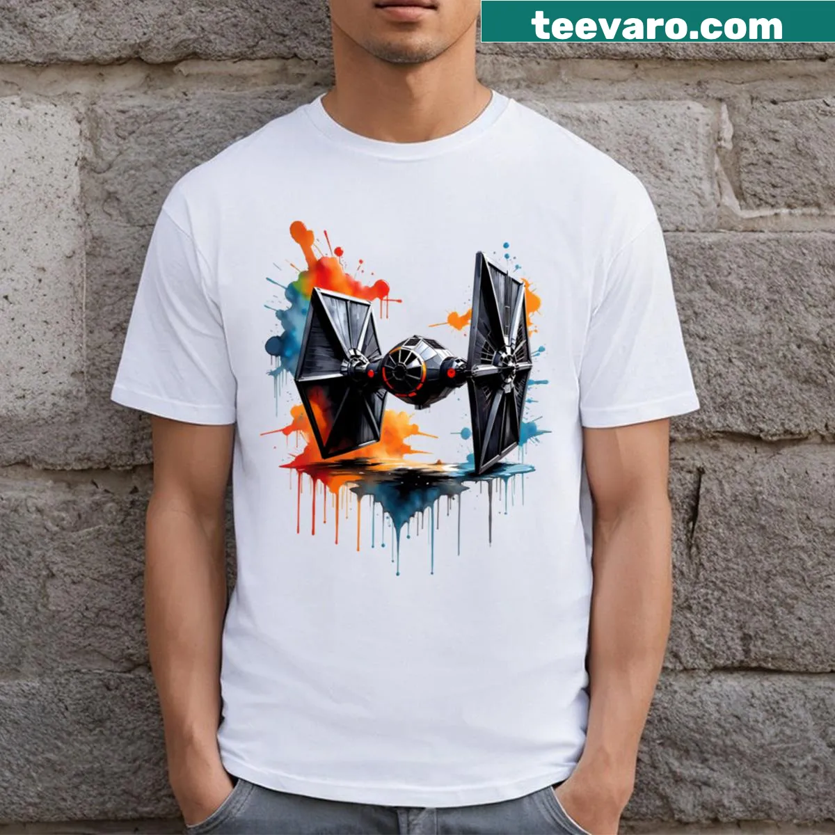 T-shirt featuring a Tie Fighter in splash art design. — on a men's t-shirt