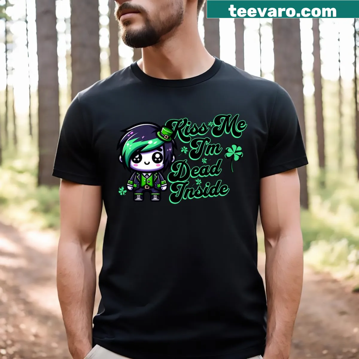 Funny St. Patrick's Day t-shirt with 'Kiss Me I'm Dead Inside' text — on a men's t-shirt