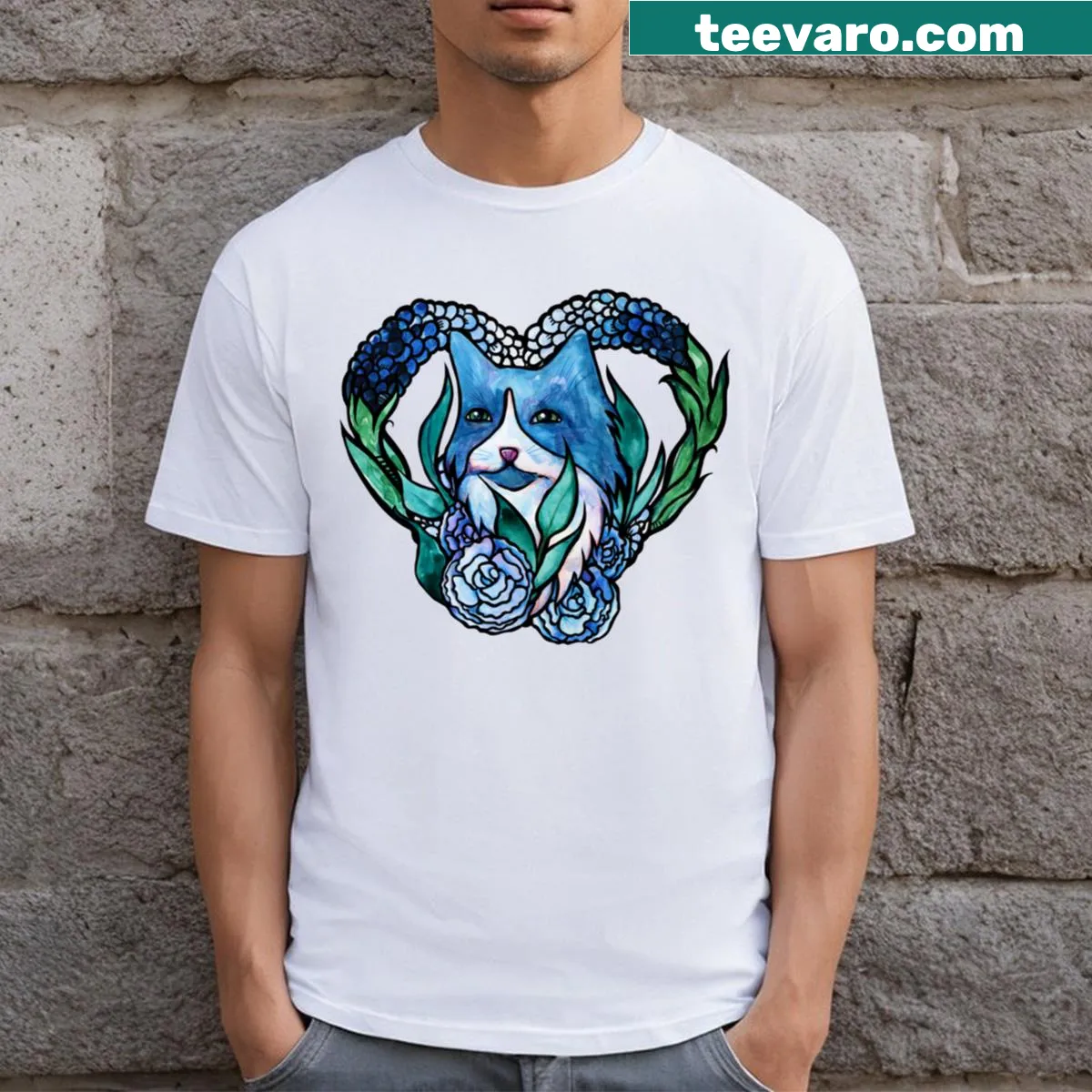 Illustrated T-shirt featuring a tuxedo cat in bluebonnets — on a men's t-shirt