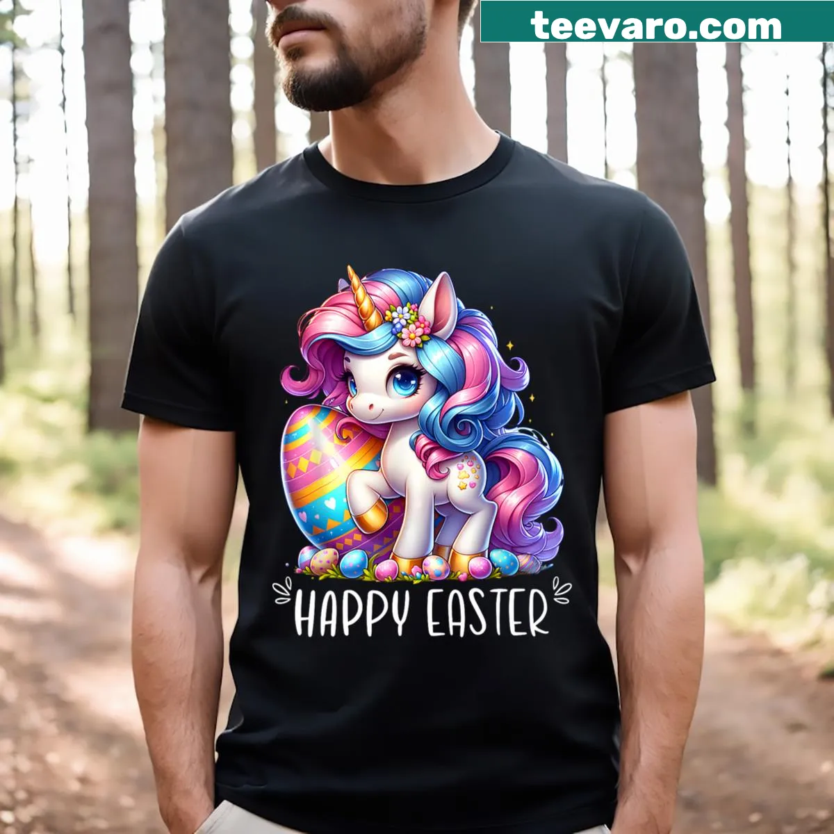 Kids t-shirt with a unicorn, bunny, and Easter egg design — on a men's t-shirt
