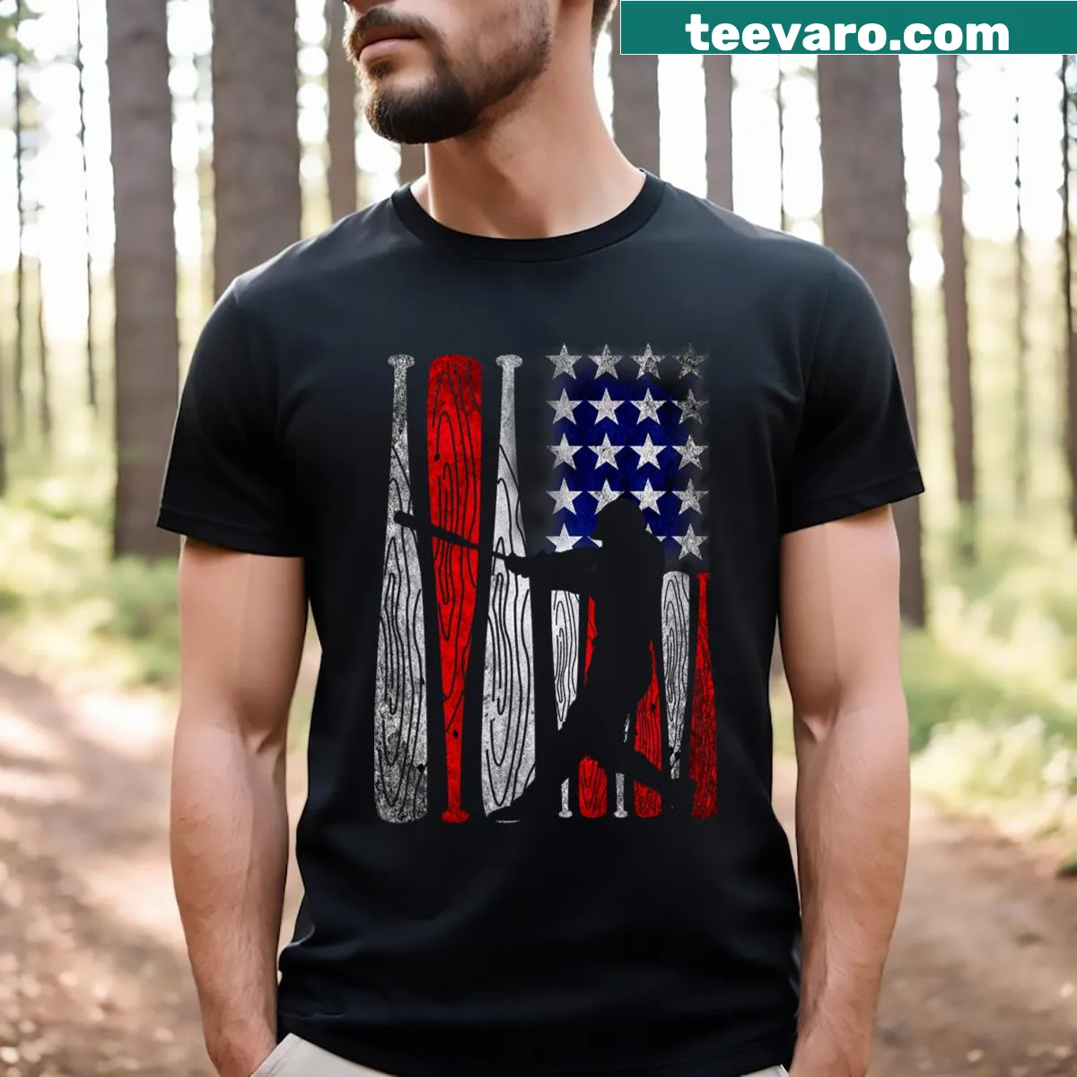 Vintage American flag baseball graphic on t-shirt — on a men's t-shirt