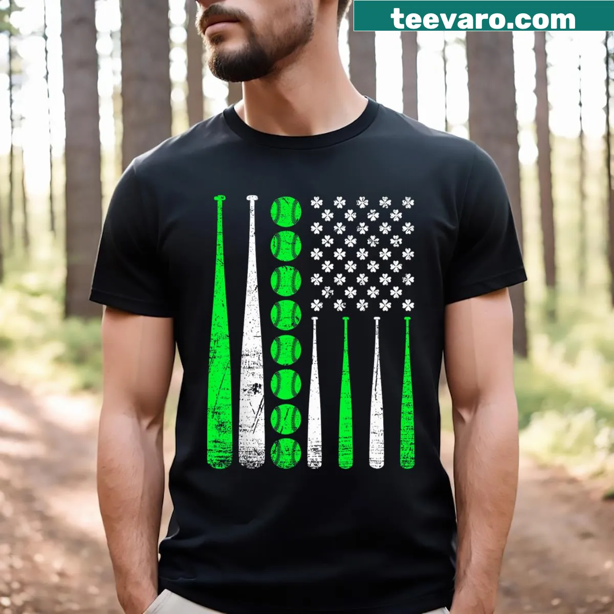 Vintage baseball T-shirt with shamrocks and American flag design — on a men's t-shirt