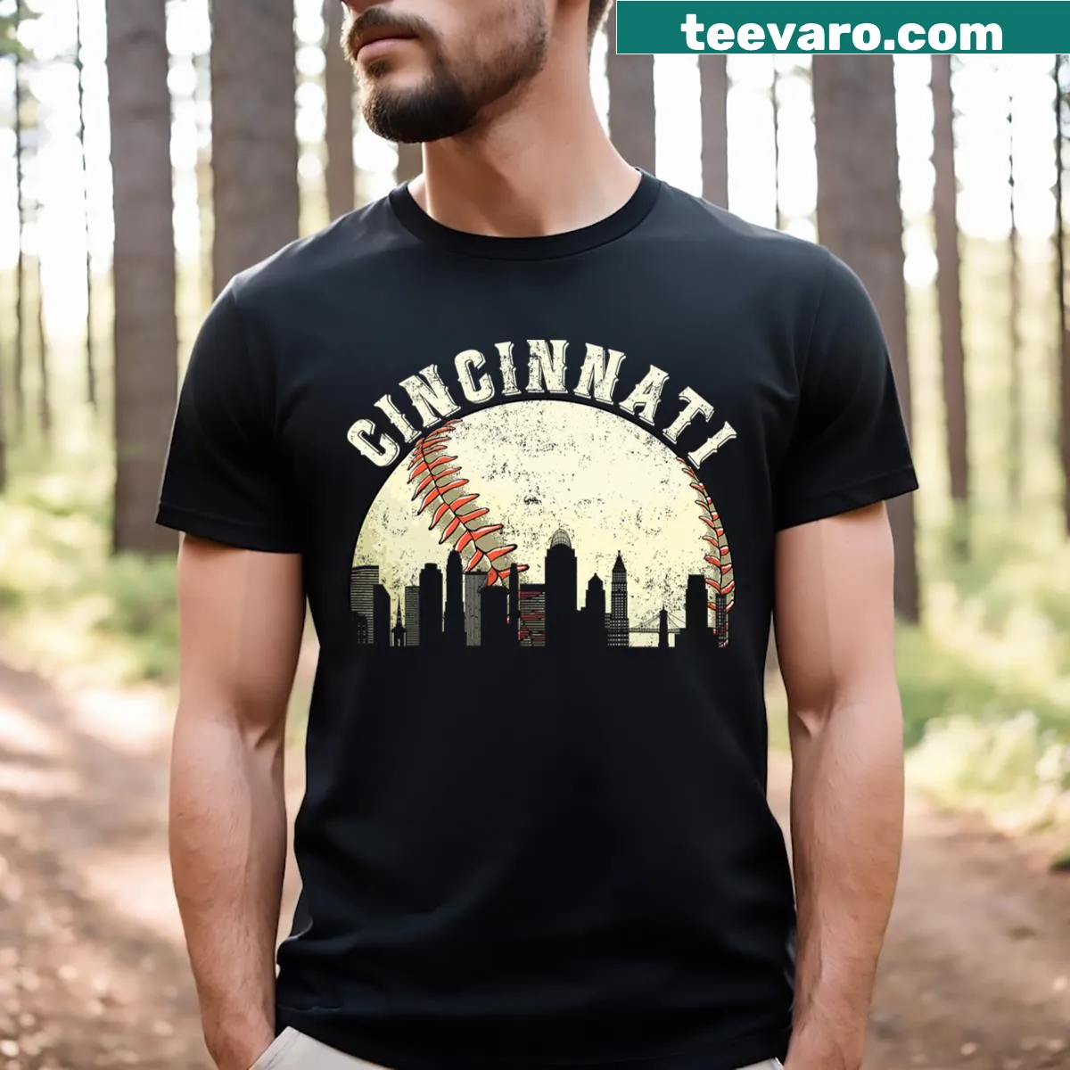 Vintage Cincinnati T-shirt with cityscape and baseball design — on a men's t-shirt