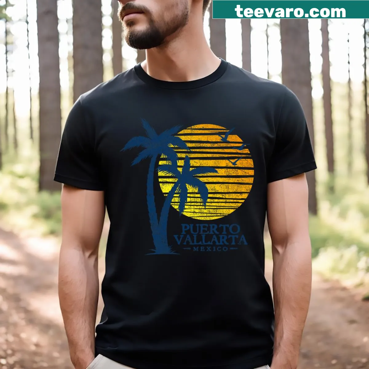 Vintage Puerto Vallarta sunset souvenir t-shirt for men — on a men's t-shirt