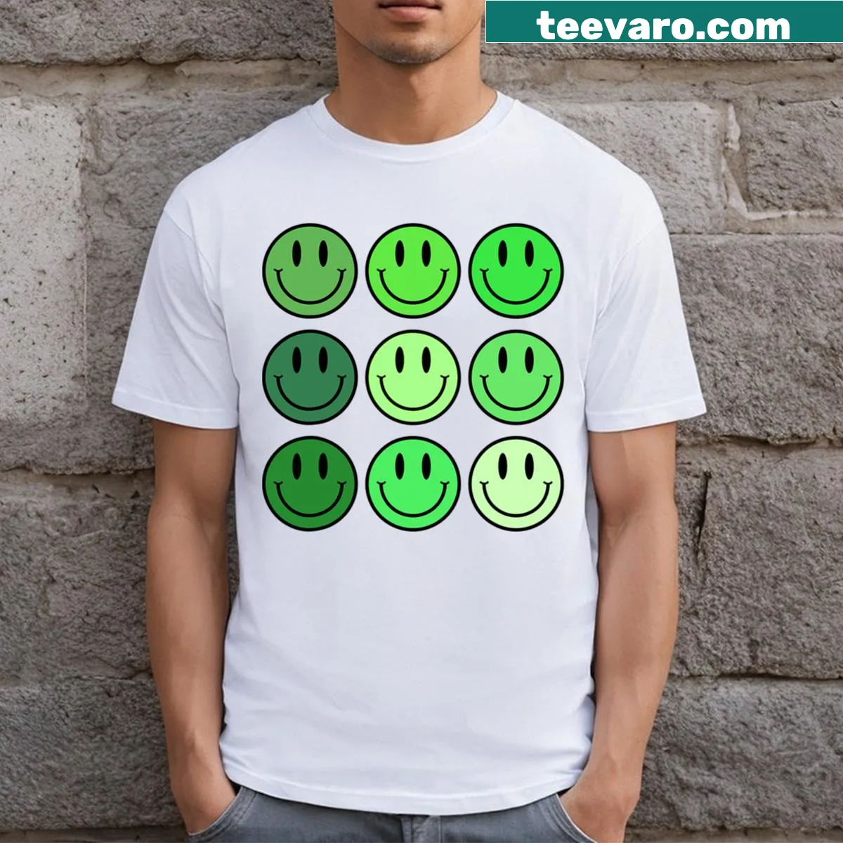 Vintage T-shirt with playful smiling face graphic for St. Patrick's Day — on a men's t-shirt