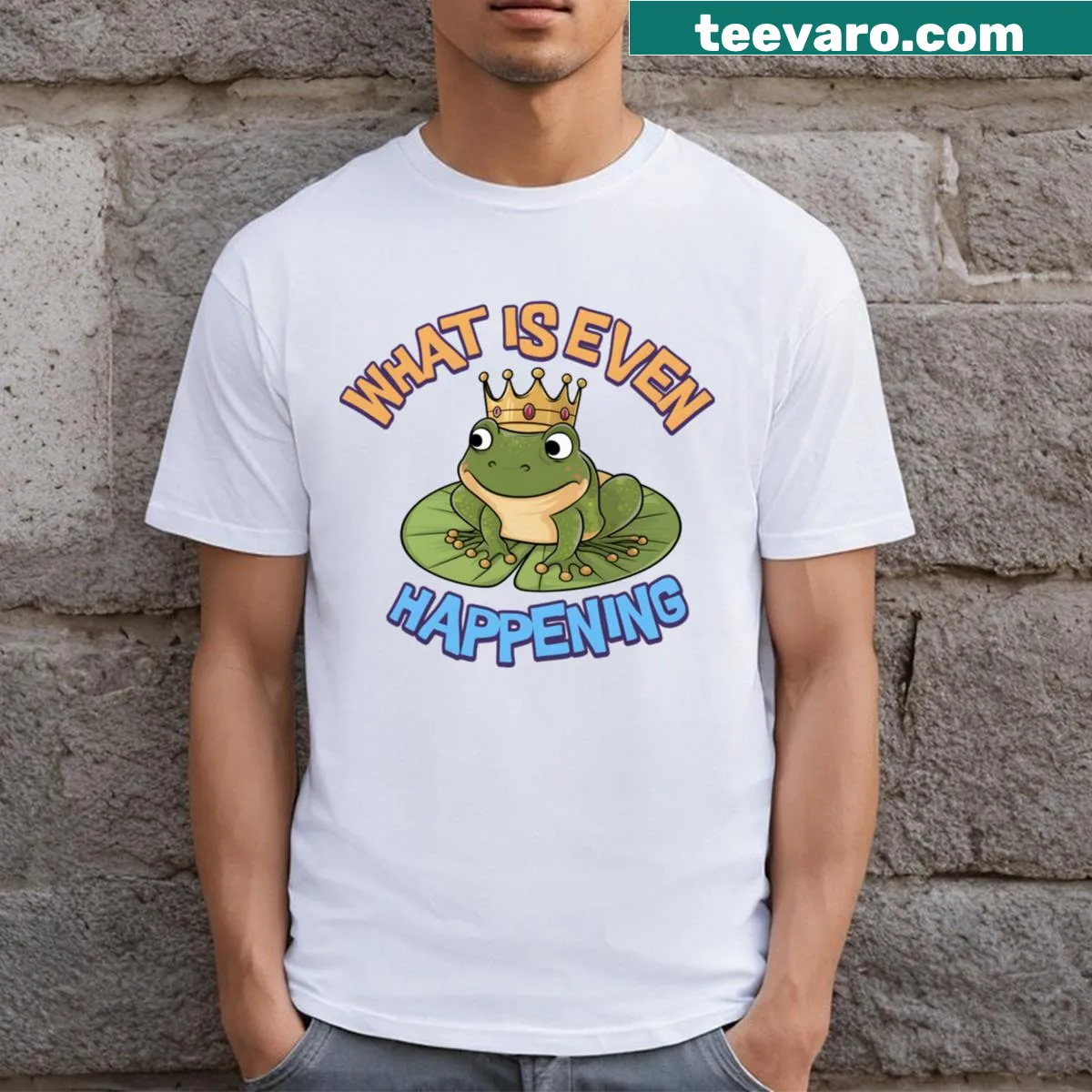 Cartoon frog with puzzled expression on a humorous t-shirt — on a men's t-shirt
