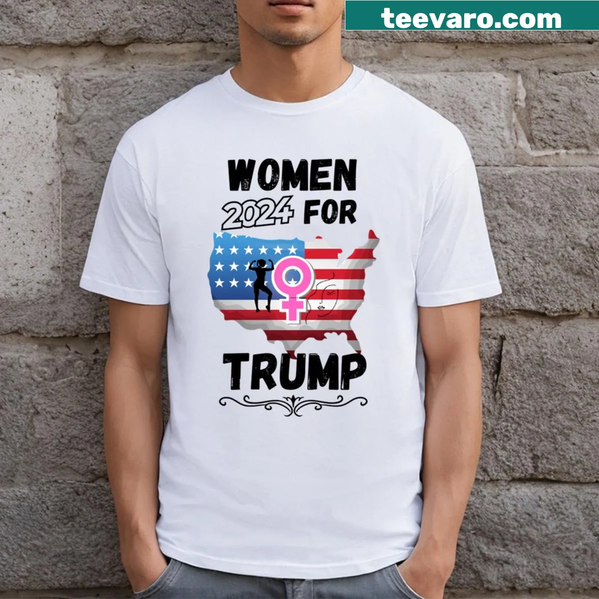 Women's T-shirt with 'Women For Donald Trump 2024' and stars and stripes — on a men's t-shirt